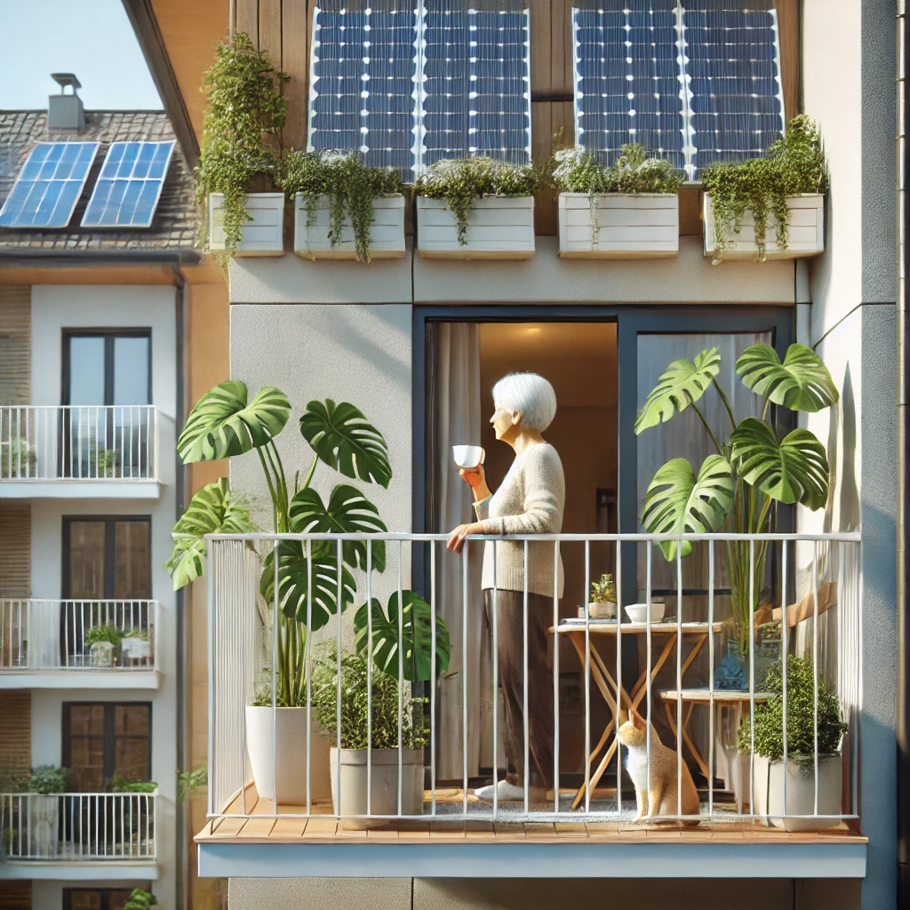 DALL·E 2024-08-09 09.28.56 - A realistic scene of an elderly woman standing on a balcony of a house. The balcony railing has two photovoltaic panels attached to it. There are seve